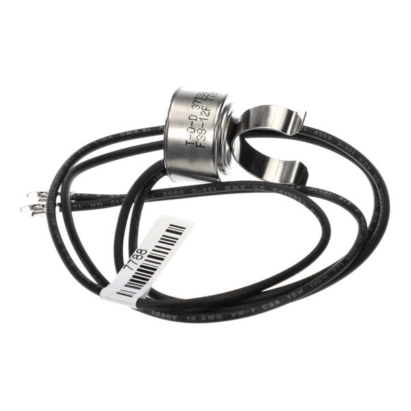 A metal cylindrical component with attached black wires and a metal clip, likely a temperature control sensor or switch.
