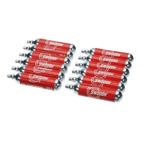 Twelve small metallic cartridges with red labels are arranged in two rows on a white background.