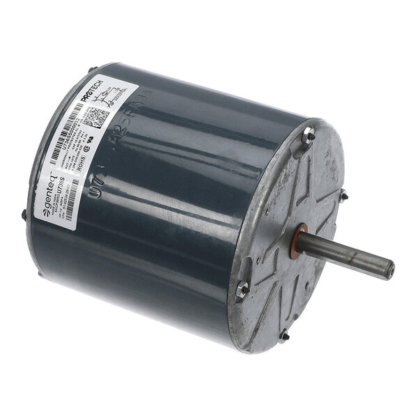 A cylindrical electric motor with a metal shaft protruding from one end and a label attached to the side.