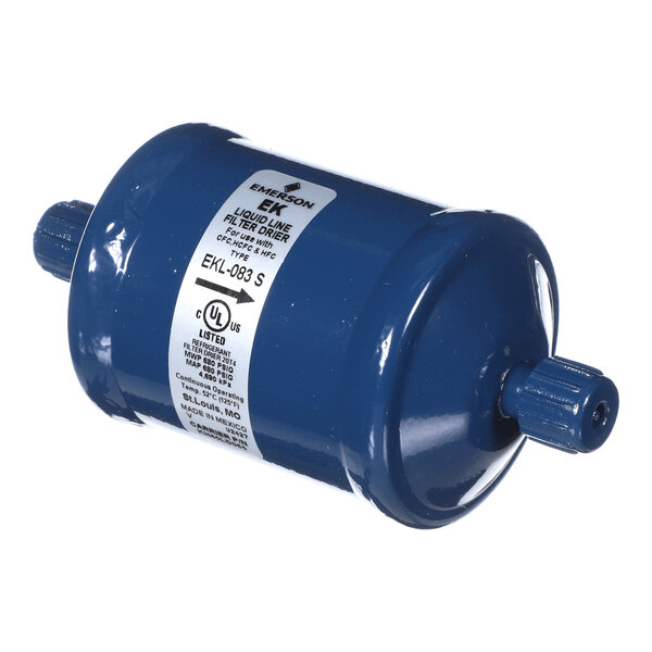 A blue cylindrical metal component with a label and threaded connectors on both ends.