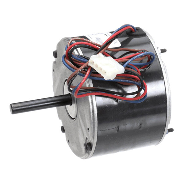 A cylindrical electric motor with a protruding shaft and attached colored wires ending in a white connector.