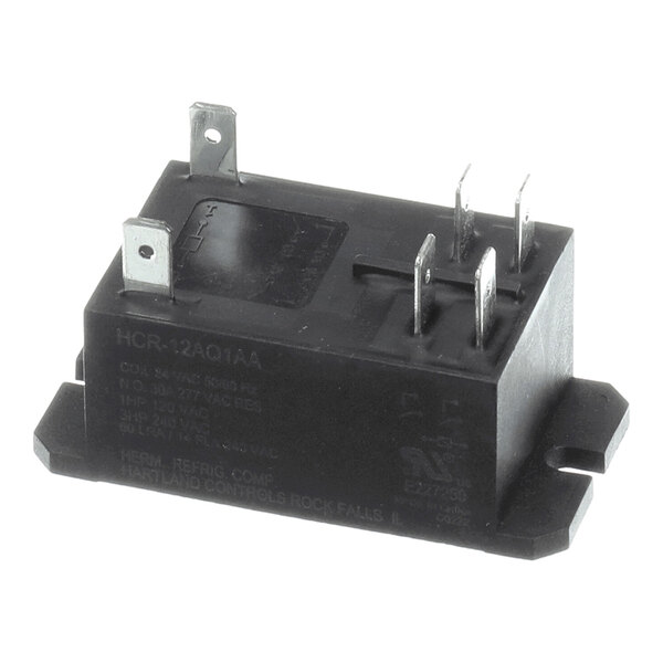 A black rectangular electrical relay with multiple metal prongs for connections.