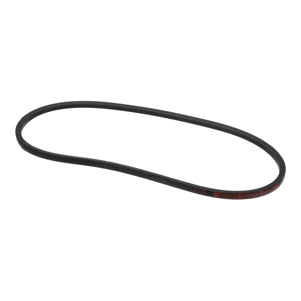 A black, oval-shaped rubber belt with some red text visible on one side.