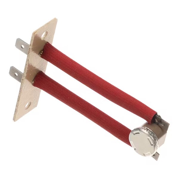 A metal and ceramic component with two red insulated wires, a mounting plate, and a round metallic cap at one end.