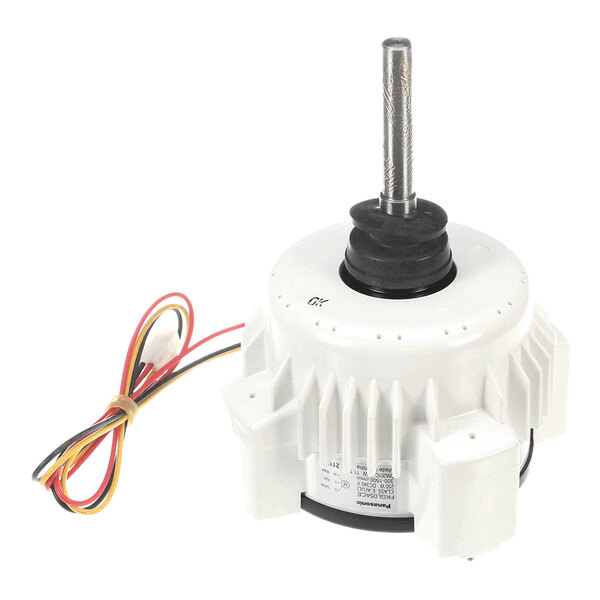 A white electric motor with a vertical metal shaft, cooling fins, and attached colored wires.