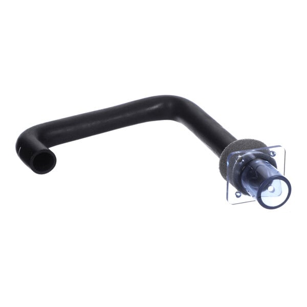A black, L-shaped hose with a transparent attachment and a foam ring near one end.