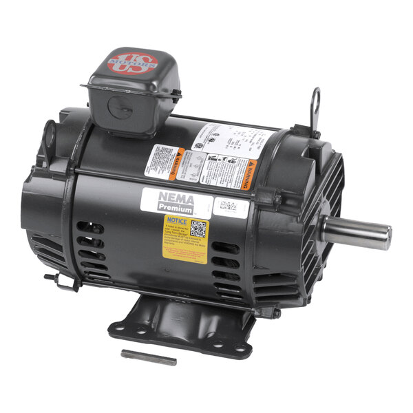 A black cylindrical electric motor with a mounting base, visible shaft, and several informational labels attached to its body.