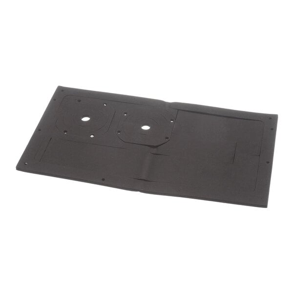 A rectangular black gasket with multiple cutouts and holes, lying flat on a white surface.