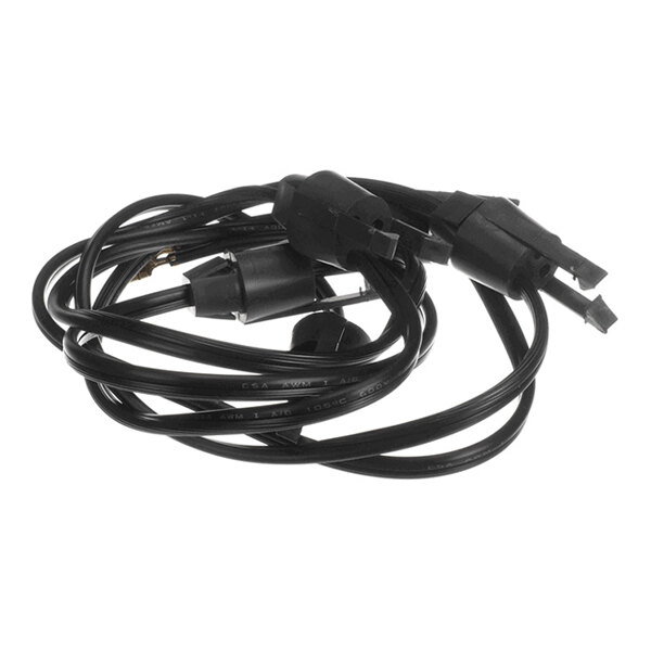 A coiled black electrical wire harness with multiple connectors.