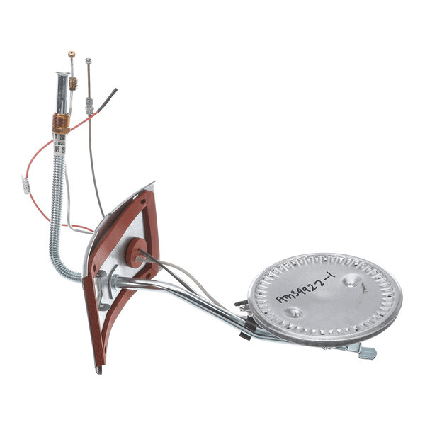 A metal burner assembly with attached wires, tubing, and a circular burner plate.