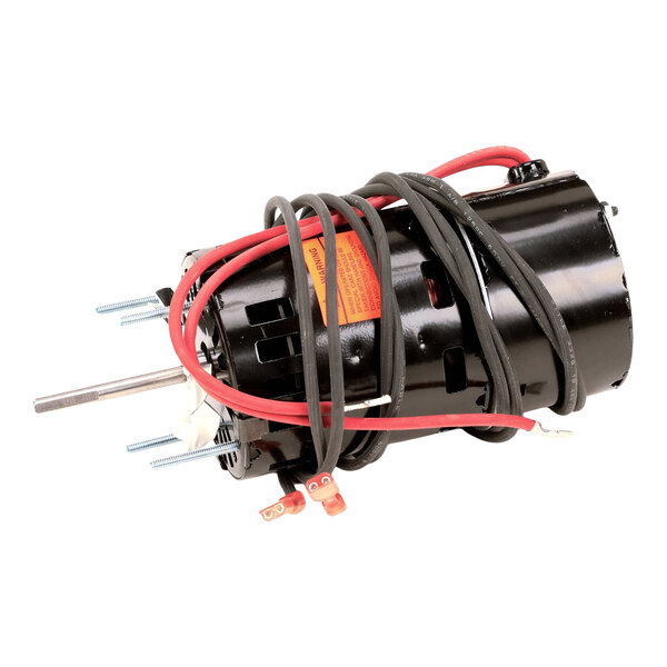 A cylindrical black electric motor with attached red and black wires coiled around it and a metal shaft protruding from one end.