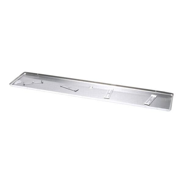 A rectangular metallic tray with raised edges and several small brackets or mounts attached to its surface.