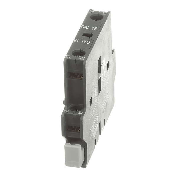 A slim, rectangular black electrical component with labeled connection points and a gray button or lever at the bottom.