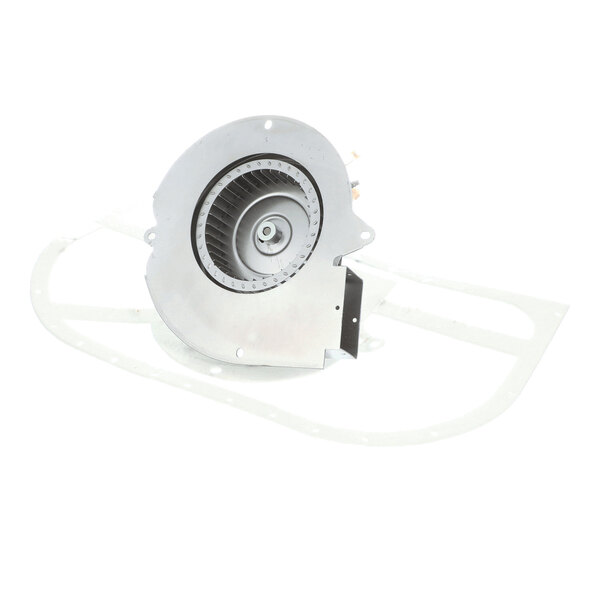 A metal blower or fan assembly with a circular vent and attached gasket, photographed on a white background.