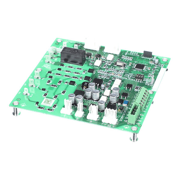 A green printed circuit board with various electronic components, connectors, and capacitors mounted on it, supported by four metal standoffs.