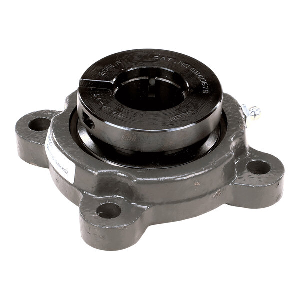 A black, circular metal flange with four mounting holes and a central ball bearing assembly.