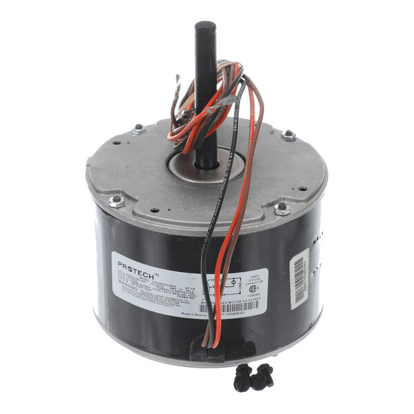 A cylindrical electric motor with a central shaft, attached wires, and a label on the side, shown with two small screws in front.