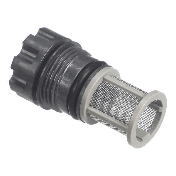 A cylindrical component with a black plastic threaded end and a mesh filter section, likely used for filtering water or fluids.