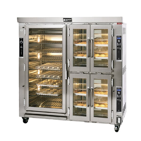 A Doyon two section jet air oven proofer combo with several racks of food baking.