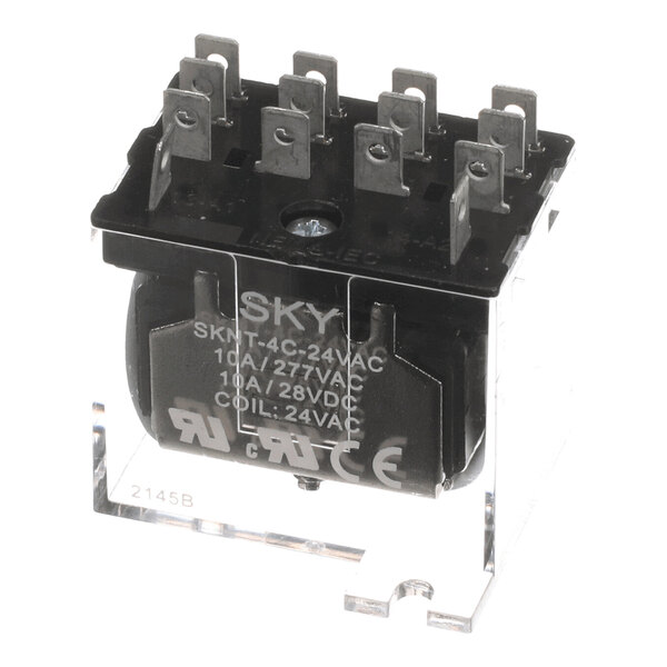 A clear plastic-cased electrical relay with multiple metal terminals and white printed specifications on the side.