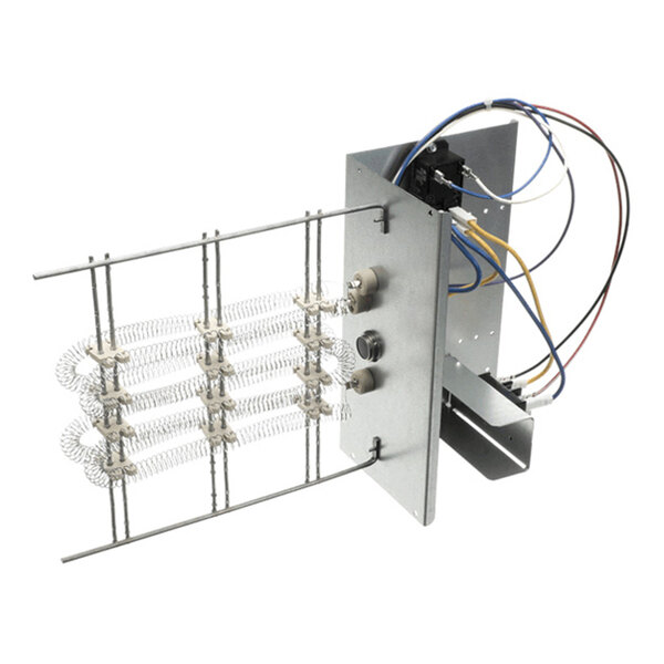 A metal assembly with coiled heating elements, electrical connectors, and several colored wires attached.