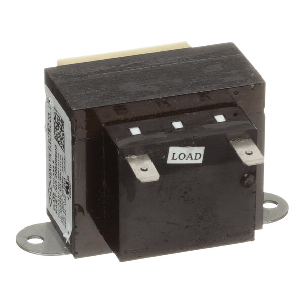 A rectangular black electrical transformer with metal mounting tabs and labeled terminals, including one marked 'LOAD.'