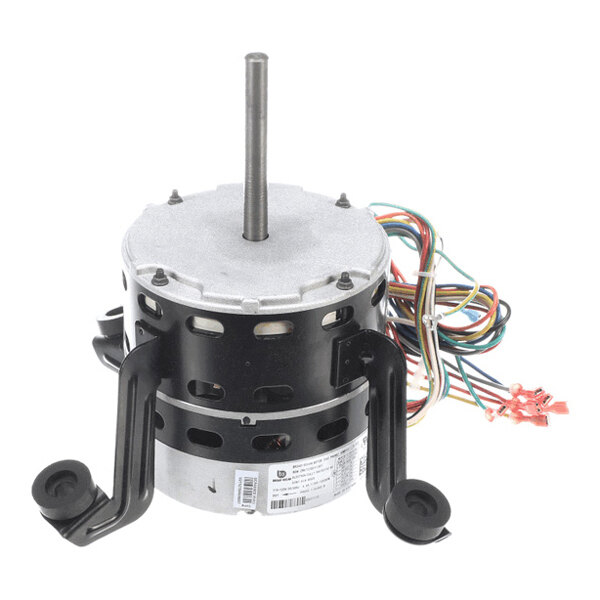 A cylindrical electric motor with a central shaft, black mounting brackets, and multiple colored wires extending from the back.