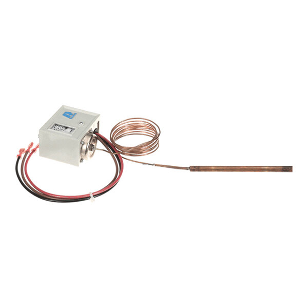 A metal box with attached wires and a coiled copper tube leading to a long, cylindrical probe.