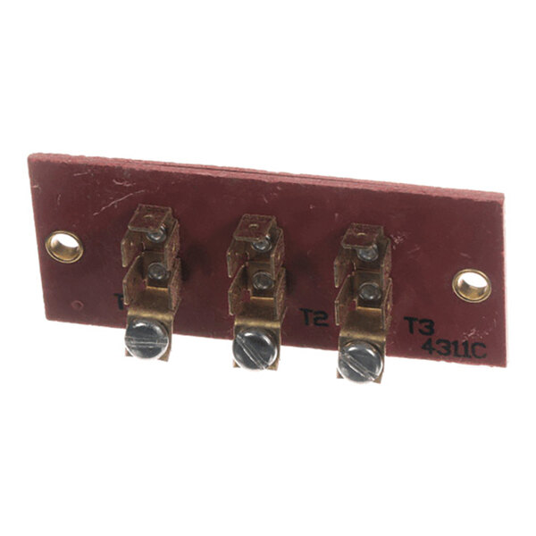 A rectangular terminal block with three screw terminals mounted on a reddish-brown insulating base, labeled T1, T2, and T3.