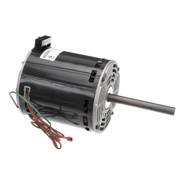 A cylindrical electric motor with a protruding shaft and attached wires, shown on a white background.