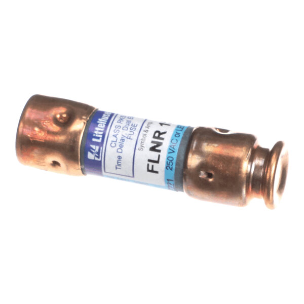 A cylindrical fuse with metallic ends and a blue and white label wrapped around the body.