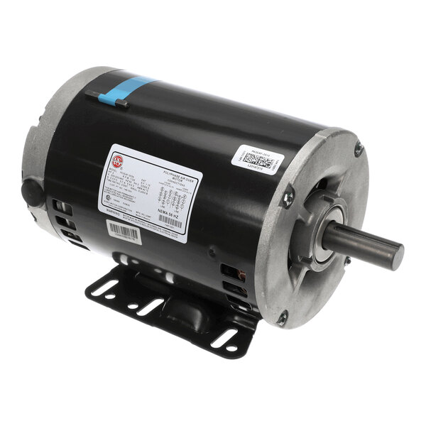 A cylindrical electric motor with a metal mounting base, visible shaft, and identification label on the side.