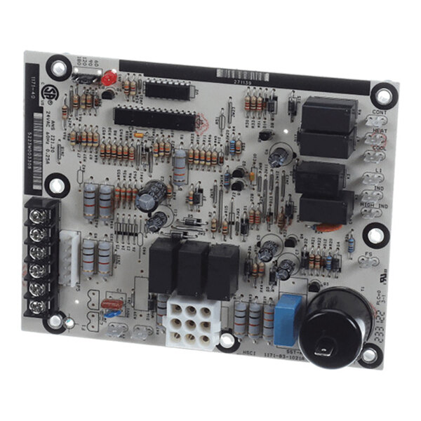 A rectangular electronic circuit board with various components including resistors, capacitors, relays, connectors, and integrated circuits mounted on its surface.