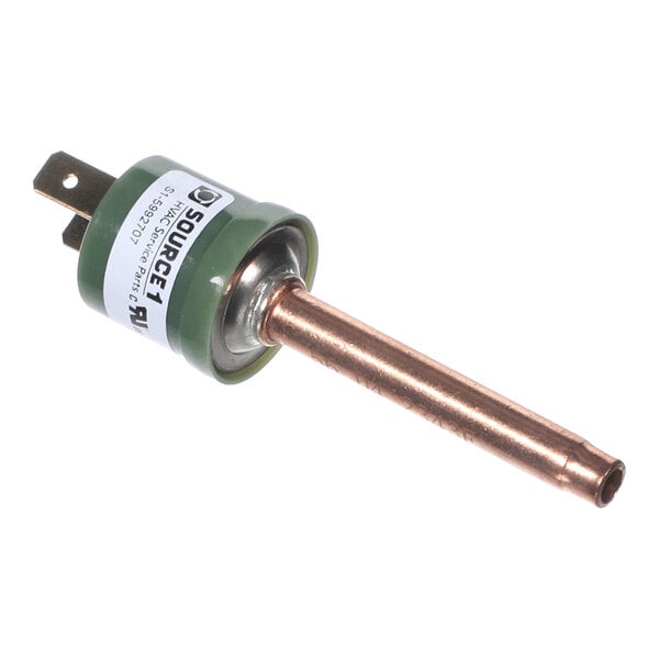 A cylindrical metal component with a green casing, two electrical prongs, and a copper tube extending from one end.