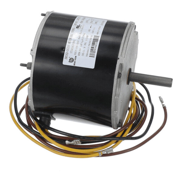 A cylindrical electric motor with a protruding shaft and several colored wires attached.