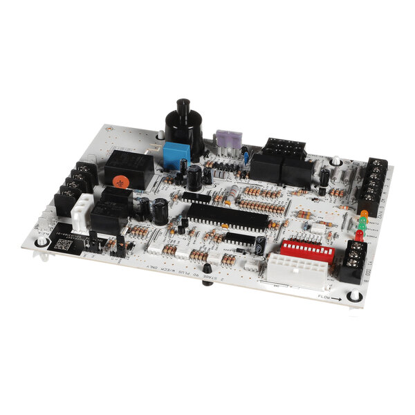 A white printed circuit board with various electronic components, connectors, and colored LEDs mounted on its surface.