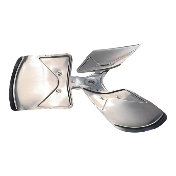 A metallic, three-blade fan component with a central mounting hub.
