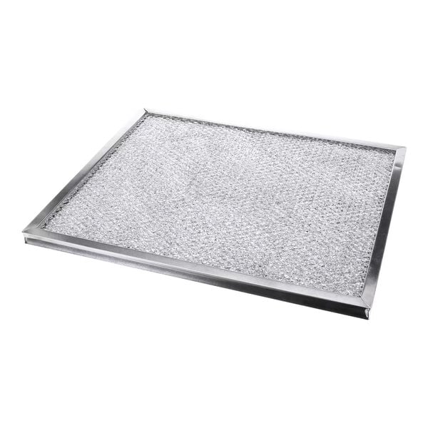 A rectangular metal mesh filter with a silver frame, shown lying flat on a white background.