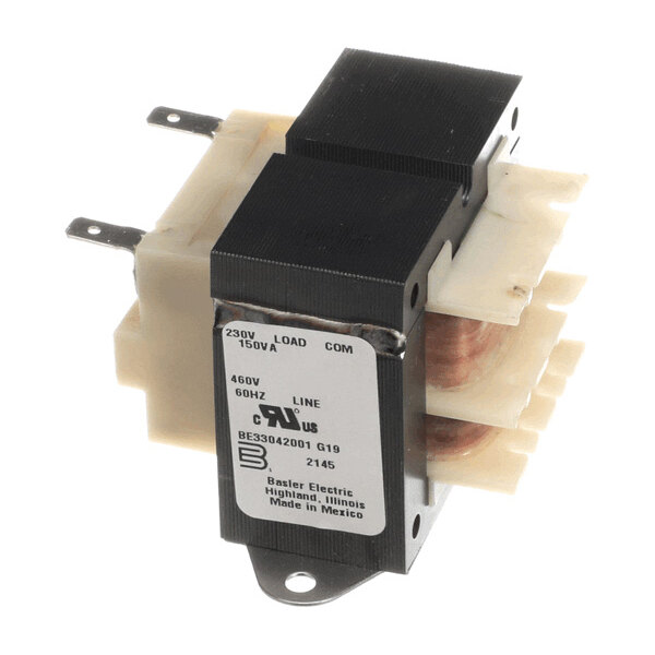 A rectangular electrical transformer with metal terminals, copper windings, and a label indicating voltage and manufacturer details.