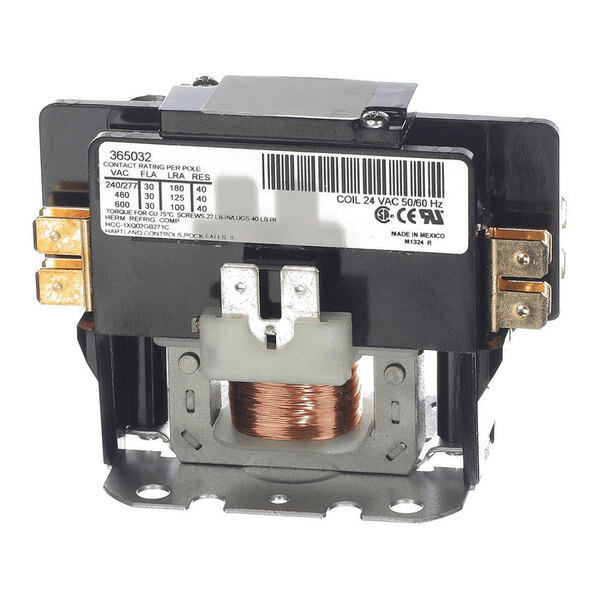 A single-pole electrical contactor with a visible copper coil, metal mounting base, and labeled specifications on the top.