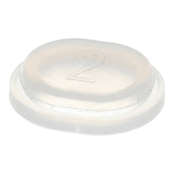 A translucent, oval-shaped plastic cap with the number '2' embossed on its surface.