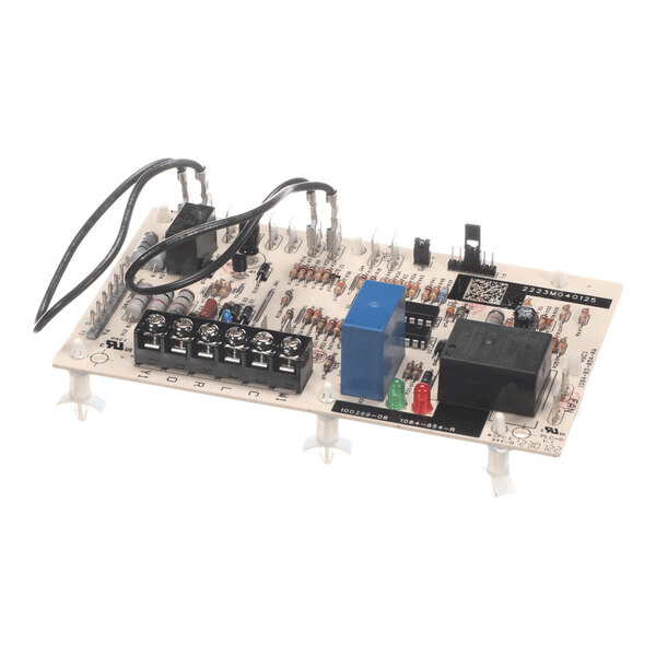 A rectangular electronic circuit board with various components, including relays, resistors, terminal blocks, and indicator LEDs, mounted on plastic standoffs.