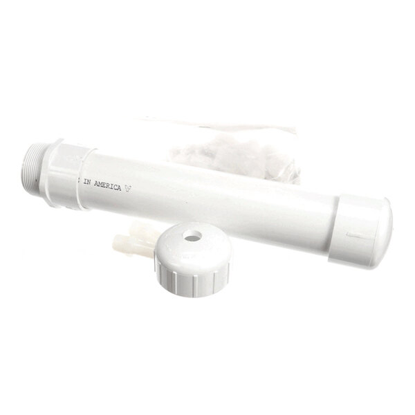 A white cylindrical plastic tube with threaded ends and a removable cap, accompanied by a small bag of material.