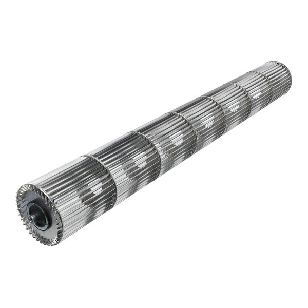 A cylindrical metal fan wheel with multiple evenly spaced blades and a central axle, viewed at an angle.