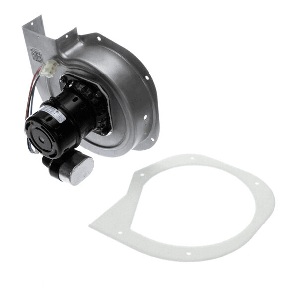 A metal blower assembly with an attached electric motor and a separate flat gasket, both placed on a white background.