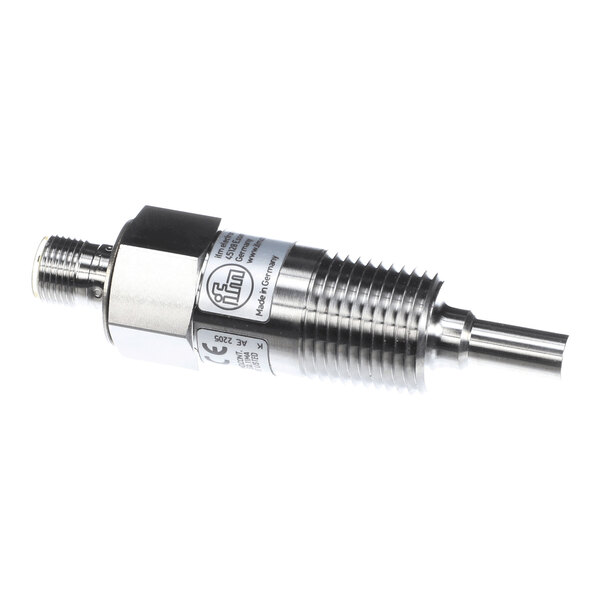A metallic cylindrical device with a threaded section, a connector on one end, and a smooth probe on the other, likely an industrial sensor or switch.