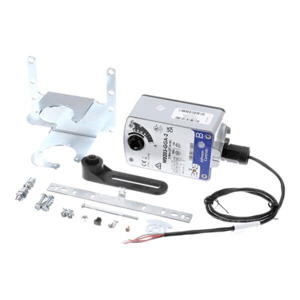 A metal actuator kit with various mounting brackets, screws, a lever arm, and a wired control unit.