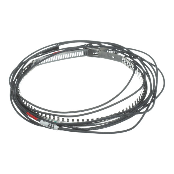 A coiled metal band with attached black electrical wires and connectors.