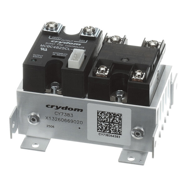 A metal and plastic electrical relay module with visible screw terminals, a QR code label, and mounting brackets.