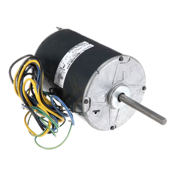A cylindrical electric motor with a metal shaft protruding from one end and several colored wires extending from the other side.